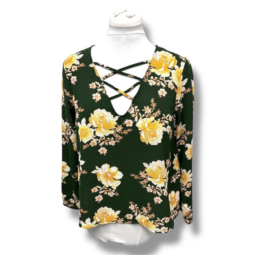 Forever 21 Women’s Floral Crisscross V-Neck Long Sleeve Blouse Green/Yellow L